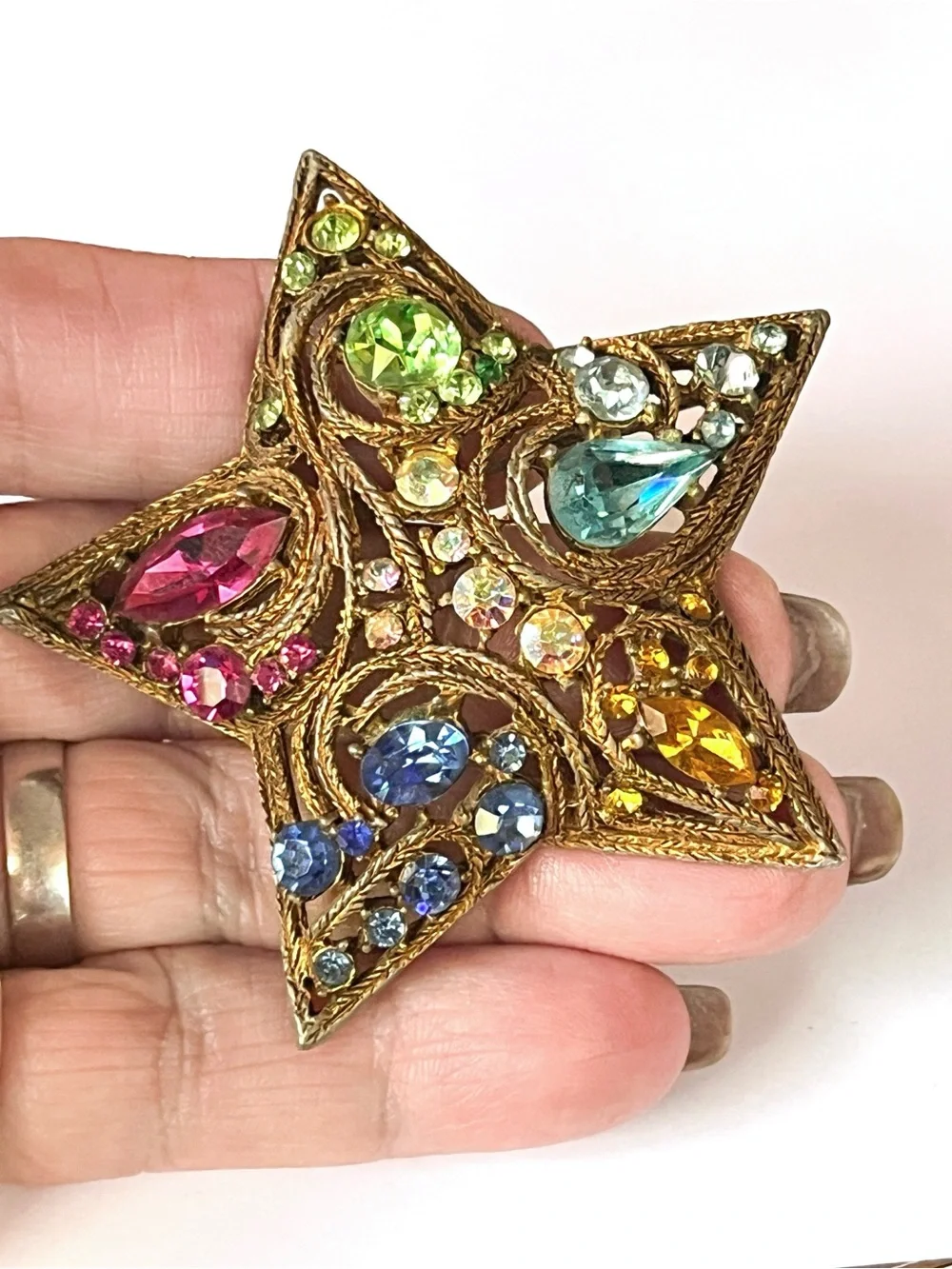 La Roco Star Brooch Pin Rainbow Jewel Gold Tone Rhinestones 1950s 2.5